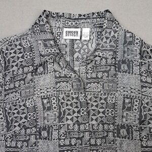 Chicos Silk Linen Long Sleeve Shirt Women 3 (XL) Charcoal Tribal Print Cats